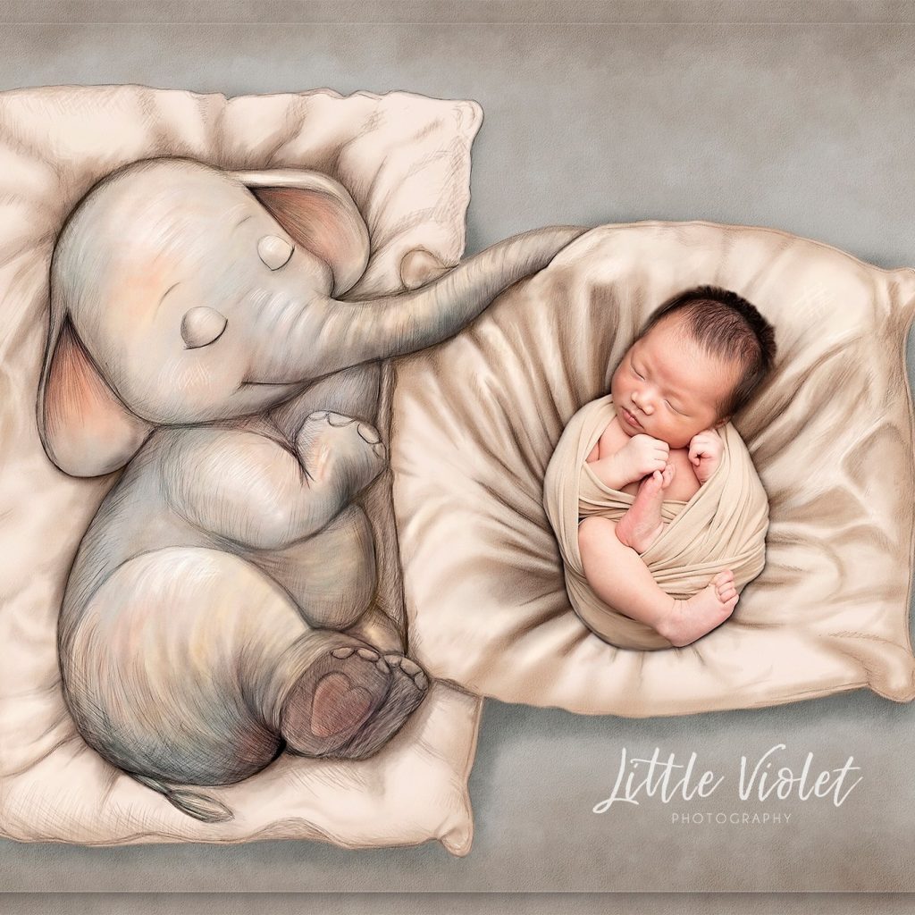newborn baby laying asleep on large pillow with elephant