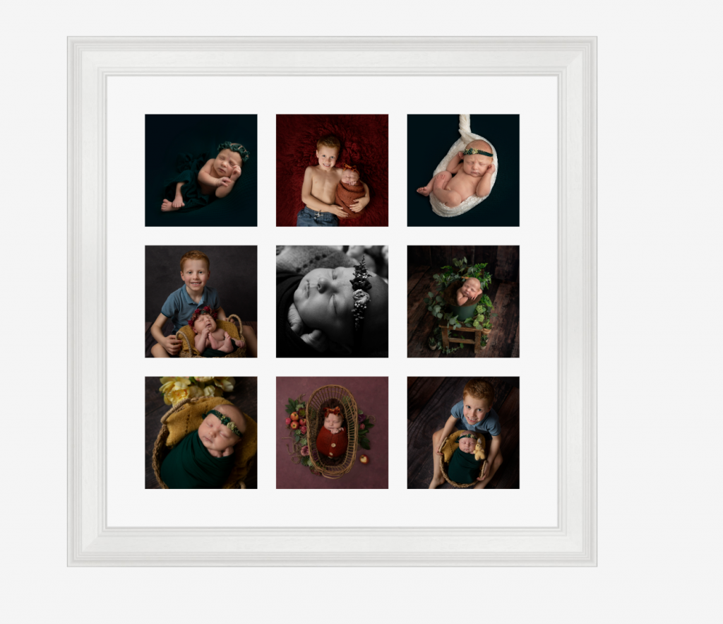 professionally printed collage of nine images in white wood frame